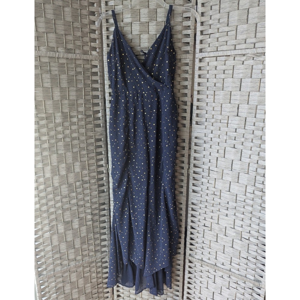Lush Romper Navy Blue Gold Star Moon Celestial Print Ruffle Split Leg Sz S
